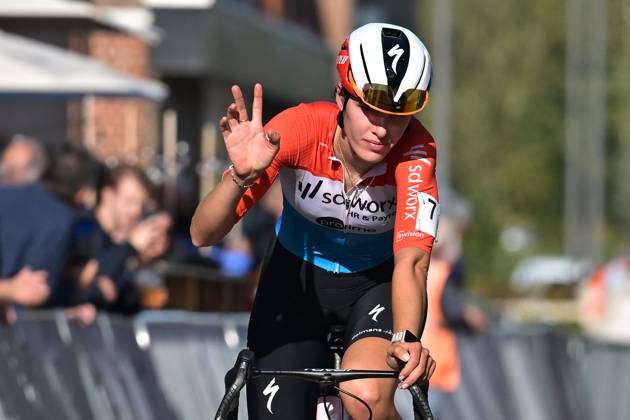 Luxembourg s Marie Schreiber crosses the finish line of the women elite race of the Kermiscross cyclocross cycling event, on Thursday 15 October 2026, in Ardooie. DAVIDxPINTENS  x189891172x