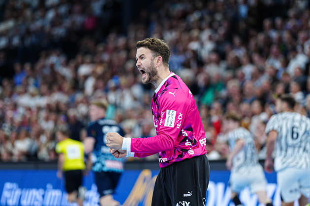 Celebration after a save by Gonzalo Perez de Vargas, THW Kiel, October 1, 2026, THW Kiel vs. Rhein Neckar Löwen, Handball, 1st Bundesliga, Matchday 9, 2026–2027 Season, October 15, 2026, Germany, THW Kiel vs. Rhein Neckar Löwen, Handball, 1st Bundesliga, Matchday 9, 2026–2027 Season, October 15, 2026, Kiel Copyright: xEibner-Pressefoto MarcelxvonxFehrnx EP_MFN