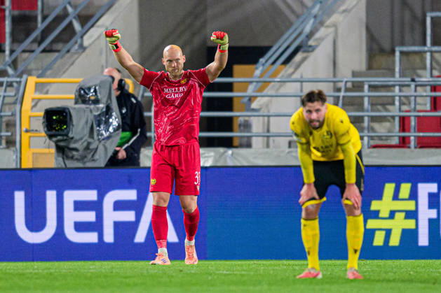 October 15, 2026: Goalkeeper Alexander Lundin of Mjällby celebrates after the UEFA Conference League soccer match between Mjällby and Inter Club d Escaldes on October 15, 2026 in Helsingborg. Photo by Christoffer Borg Mattisson, BILDBYRÅN COP 261 CB0562 soccer football fotball UEFA Conference League Conference League Mjällby in BBENG celebration cheers Copyright: CHRISTOFFERxBORGxMATTISSON BB261015CB122