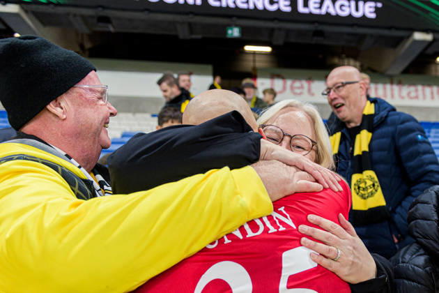 October 15, 2026: Goalkeeper Alexander Lundin of Mjällby celebrates after the UEFA Conference League soccer match between Mjällby and Inter Club d Escaldes on October 15, 2026 in Helsingborg. Photo by Christoffer Borg Mattisson, BILDBYRÅN COP 261 CB0562 soccer football fotball UEFA Conference League Conference League Mjällby in BBENG celebration cheers Copyright: CHRISTOFFERxBORGxMATTISSON BB261015CB138