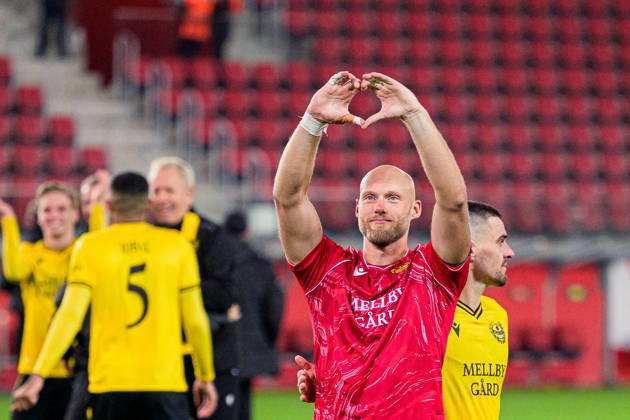 October 15, 2026: Goalkeeper Alexander Lundin of Mjällby celebrates after the UEFA Conference League soccer match between Mjällby and Inter Club d Escaldes on October 15, 2026 in Helsingborg. Photo by Christoffer Borg Mattisson, BILDBYRÅN COP 261 CB0562 soccer football fotball UEFA Conference League Conference League Mjällby in BBENG celebration cheers Copyright: CHRISTOFFERxBORGxMATTISSON BB261015CB141