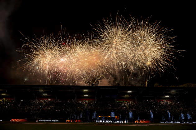 NIJMEGEN: Fireworks ahead of the UEFA Europa League match between NEC and Levski Sofia at Stadion De Goffert on October 15, 2026, in Nijmegen, the Netherlands. Photo by DeFodi Images