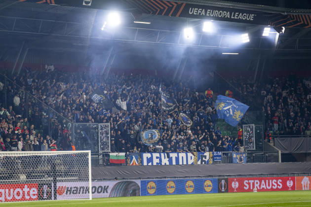 NIJMEGEN: Levski Sofia supporters during the UEFA Europa League match between NEC and Levski Sofia at Stadion De Goffert on October 15, 2026, in Nijmegen, the Netherlands. Photo by DeFodi Images