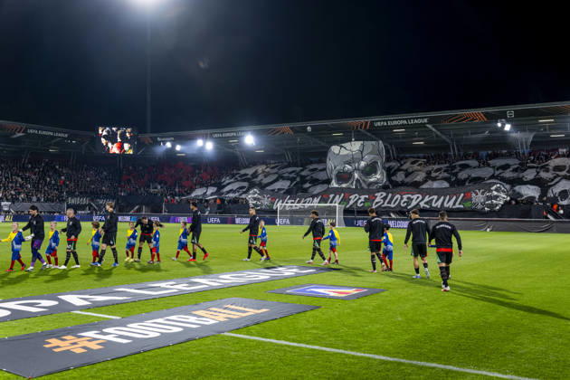 NEC Nijmegen supporters held up a banner as both teams took the field ahead of the UEFA Europa League match between NEC and Levski Sofia at Stadion De Goffert on October 15, 2026, in Nijmegen, the Netherlands. Photo by DeFodi Images