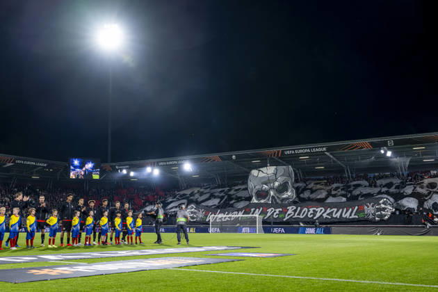 NIJMEGEN NEC supporters displayed a banner as both teams entered the field ahead of the UEFA Europa League match between NEC and Levski Sofia at Stadion De Goffert on October 15, 2026, in Nijmegen, the Netherlands. Photo by DeFodi Images