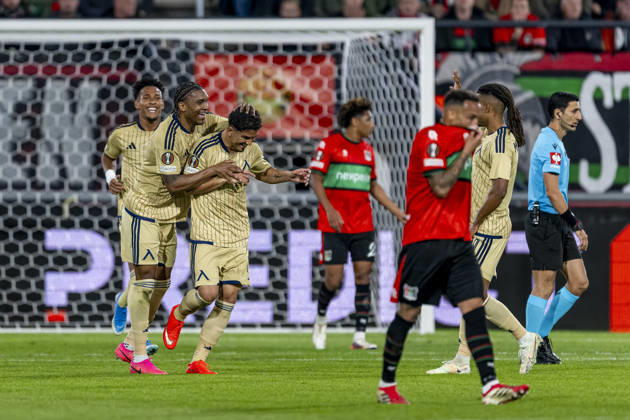 NIJMEGEN l Levski Sofia defender Christian Makoun and Levski Sofia forward Everton Bala celebrate the 0-1 goal during the UEFA Europa League match between NEC and Levski Sofia at Stadion De Goffert on October 15, 2026, in Nijmegen, the Netherlands. Photo by DeFodi Images