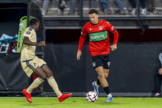 NIJMEGEN: NEC Nijmegen forward Clement Bischoff during the UEFA Europa League match between NEC and Levski Sofia at Stadion De Goffert on October 15, 2026, in Nijmegen, the Netherlands. Photo by DeFodi Images