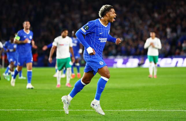 Georginio Rutter of Brighton and Hove Albion celebrates scoring a goal after making the score 1-0. Brighton & Hove Albion v Kauno Zalgiris, UEFA Conference League, Football, American Express Stadium, Brighton, UK - 15 Oct 2026Brighton American Express Stadium United Kingdom  Copyright: xJamesxMarsh Shutterstockx 17218542ak