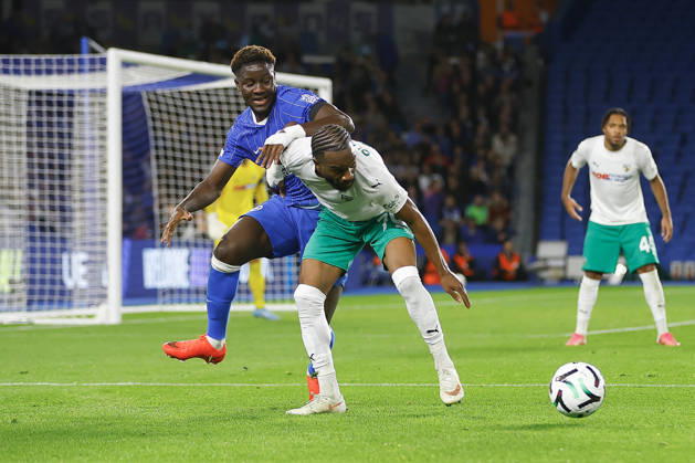 RECORD DATE NOT STATED 15th October 2026; American Express Stadium, Brighton, England; UEFA Conference League Football, Brighton and Hove Albion versus Kauno Zalgiris; Ibrahim Osman of Brighton and Hove Albion desperate to take the ball off Fabien Ourega of Kauno Zalgiris ChrisxRoll
