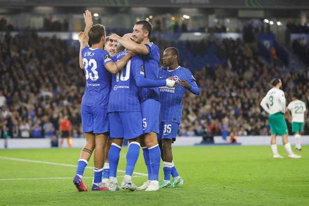 RECORD DATE NOT STATED 15th October 2026; American Express Stadium, Brighton, England; UEFA Conference League Football, Brighton and Hove Albion versus Kauno Zalgiris; Brighton and Hove Albion celebrating their goal in the first half 42 nd minute to put them 1-0 in the lead ChrisxRoll