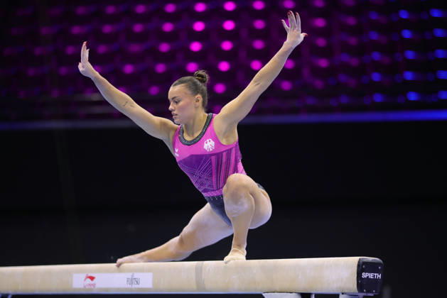 Emma Malewski, GER, during podium practice at the 2026 World Championships in Rotterdam on October 15, 2026