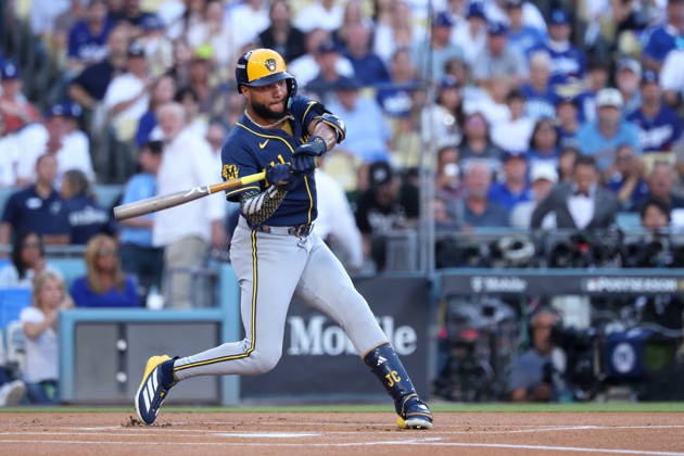 MLB, Baseball Herren, USA Postseason: NLCS Game 4 - Los Angeles Dodgers vs Milwaukee Brewers Milwaukee Brewers outfielder Jackson Chourio in action during Game 4 of the National League Championship Series between the Los Angeles Dodgers and the Milwaukee Brewers at Dodger Stadium in Los Angeles, California, USA, 15 October 2026. LOS ANGELES CALIFORNIA UNITED STATES  Copyright: xCHRISxTORRESx