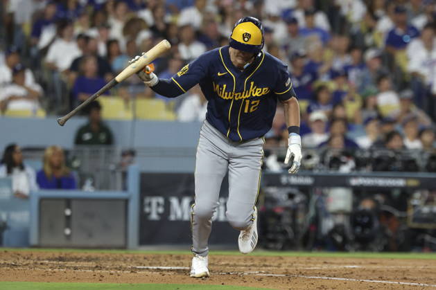 MLB, Baseball Herren, USA Postseason: NLCS Game 4 - Los Angeles Dodgers vs Milwaukee Brewers Milwaukee Brewers infielder Cooper Pratt drops his bat after flying out during Game 4 of the National League Championship Series between the Los Angeles Dodgers and the Milwaukee Brewers at Dodger Stadium in Los Angeles, California, USA, 15 October 2026. LOS ANGELES CALIFORNIA UNITED STATES  Copyright: xCHRISxTORRESx