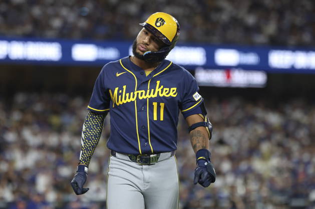 MLB, Baseball Herren, USA Postseason: NLCS Game 4 - Los Angeles Dodgers vs Milwaukee Brewers Milwaukee Brewers outfielder Jackson Chourio in action during Game 4 of the National League Championship Series between the Los Angeles Dodgers and the Milwaukee Brewers at Dodger Stadium in Los Angeles, California, USA, 15 October 2026. LOS ANGELES CALIFORNIA UNITED STATES  Copyright: xCHRISxTORRESx