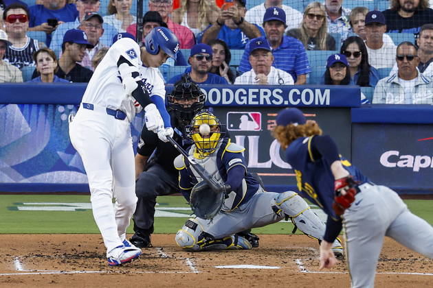 MLB, Baseball Herren, USA Postseason: NLCS Game 4 - Los Angeles Dodgers vs Milwaukee Brewers Los Angeles Dodgers designated hitter Shohei Ohtani (17) hits a grand slam home run against Milwaukee Brewers pitcher Dustin May (85) in the second inning during Game 4 of the National League Championship Series between the Los Angeles Dodgers and the Milwaukee Brewers at Dodger Stadium in Los Angeles, California, USA, 15 October 2026. (Issued 16 October 2026) LOS ANGELES CALIFORNIA UNITED STATES Copyright: xCHRISxTORRESx