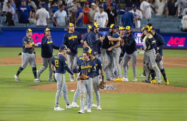 October 15, 2026, Los Angeles, California, USA: Milwaukee Brewers players celebrated after winning the Game 4 of the National League Championship Series against the Los Angeles Dodgers at Dodgers Stadium in Los Angeles, California , on Oct. 15, 2026..Brewers won the game 6-4 to advance to the World Series . . Los Angeles USA - ZUMAa60_ 0869635357st Copyright: xArmandoxArorizox
