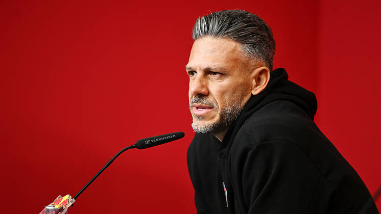 2026–2027 Bundesliga Season, Matchday 6, RB Leipzig Press Conference Ahead of Bayern Munich vs. RB Leipzig on October 16, 2026: Martin Demichelis, RB Leipzig Coach, at the RB Leipzig press conference ahead of the Bundesliga match against Bayern Munich on October 16, 2026, in Leipzig, Saxony, Germany, at the Red Bull training facility on Cottaweg