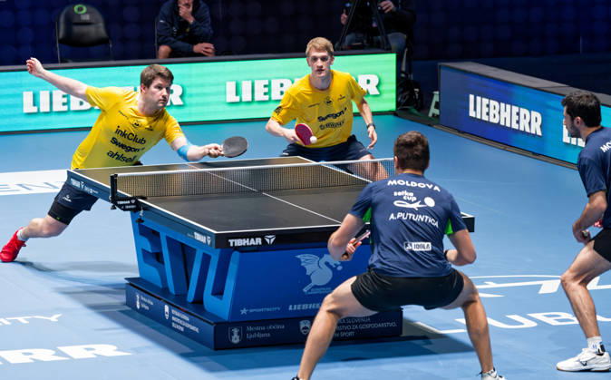 Kristian Karlsson and Anton Kallberg of Sweden (photo ms6783) at the European Table Tennis Championships in Ljubljana, Slovenia LJUBLJANA, SLOVENIA OCTOBER 16, 2026 Kristian Karlsson and Anton Kallberg of Sweden (photo ms6783) reach the doubles final of the European Table Tennis Championships at the Stozice Arena in Ljubljana, Slovenia Ljubljana Stozice Arena Slovenia