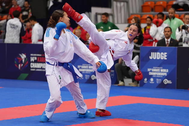 2026 World Cadet, Junior & U21, U 21 Karate Championships BIELSKO-BIALA, POLAND - OCTOBER 16: Celia Cofradas Del Castillo (R) of Spain is seen in action during cadet female kumite -47kg semi-final at the 2026 World Cadet, Junior & U21 Karate Championships at Hala Pod Debowcem on October 16, 2026 in Bielsko-Biala, Poland. Bielsko-Biala Hala Pod Debowcem Poland Copyright: x2026xKaratexInsights PSxImagesxMartinxKremser KaratexInsightsx