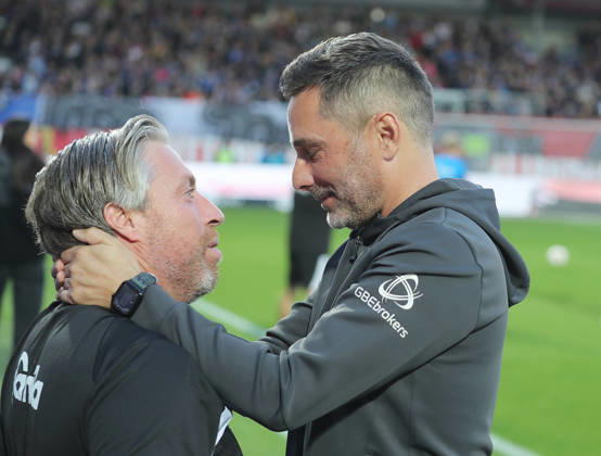 Assistant Coach Michael Wimmer, Kiel; Head Coach Stefan Leitl, Hertha BSC Berlin Soccer, Men s Team, 2026–2027 Season, 2. Bundesliga, Holstein Stadium, Holstein Kiel vs. Hertha BSC Berlin. DFL regulations prohibit any use of photographs as image sequences and or quasi-video.