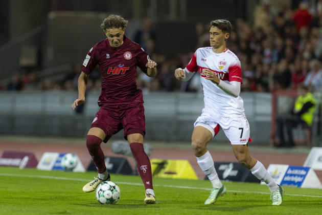 3rd Division, Fortuna Cologne vs. VfB Stuttgart U21, October 16, 2026, Maximilian Fischer, Fortuna Cologne, 3, Lauri Penna, VfB Stuttgart U21, 7, 3rd Division, Fortuna Cologne vs. VfB Stuttgart U21, Matchday 10, on October 16, 2026, Südstadion, Cologne. DFB regulations prohibit any use of photographs as image sequences and or quasi-video. Copyright: xBEAUTIFULxSPORTS Meuselx