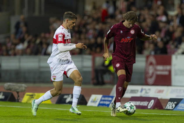 3rd Division, Fortuna Cologne vs. VfB Stuttgart U21, October 16, 2026, Maximilian Fischer, Fortuna Cologne, 3, Lauri Penna, VfB Stuttgart U21, 7, 3rd Division, Fortuna Cologne vs. VfB Stuttgart U21, Matchday 10, on October 16, 2026, Südstadion, Cologne. DFB regulations prohibit any use of photographs as image sequences and or quasi-video. Copyright: xBEAUTIFULxSPORTS Meuselx