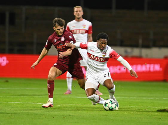 October 10, 2026, xophax, Soccer 3rd Division, Cologne, Fortuna Cologne vs. VFB Stuttgart II, Nico Thier; on the left: Fortuna Cologne and Jarzinho Malanga; on the right: Stuttgart vs. Cologne