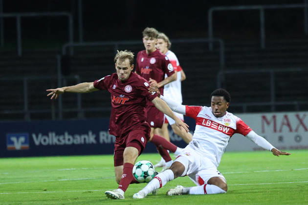 October 16, 2026, xsefx, Soccer, SC Fortuna Köln vs. VfB Stuttgart II, 3rd Division, South Division, Matchday 10, 2026–2027 Season Jarzinho Malanga (VfB Stuttgart II), No. 27, in a tackle against Georg Strauch (Fortuna Cologne), No. 11. DFB regulations prohibit any use of photographs as image sequences and or quasi-video. North Rhine-Westphalia, Germany