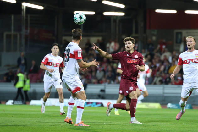 October 16, 2026, xsefx, Soccer, SC Fortuna Köln vs. VfB Stuttgart II, 3. Liga, Südstation, Matchday 10, 2026–2027 Season: Enzo Wirtz of Fortuna Cologne 09 in a tackle against Dominik Nothnagel of VfB Stuttgart II. 29. DFB regulations prohibit any use of photographs as image sequences and or quasi-video. North Rhine-Westphalia, Germany