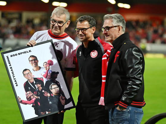 October 10, 2026, xophax, Soccer 3rd Division, Cologne, Fortuna Cologne vs. VFB Stuttgart II; Honorary award for Matthias Mink of Fortuna Cologne presented by Jürgen Weinzirl and Fortuna President Hanns Jörg Westendorf; on the right: Cologne