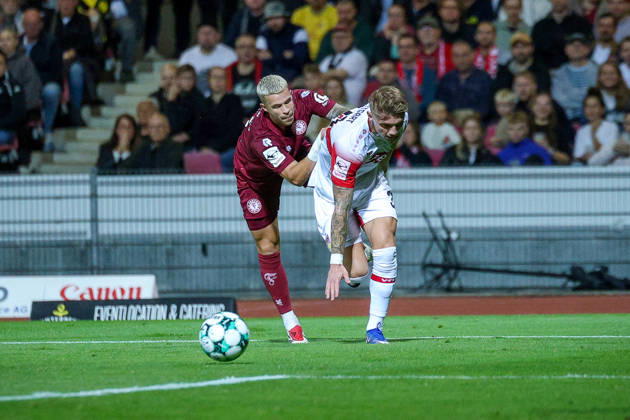 October 16, 2026, xsefx, Soccer, SC Fortuna Köln vs. VfB Stuttgart II, 3rd Division, South Division, Matchday 10, 2026–2027 Season: Nico Thier of Fortuna Köln 07 in a tackle against Veit Stange of VfB Stuttgart II. 31. DFB regulations prohibit any use of photographs as image sequences and or quasi-video. North Rhine-Westphalia, Germany