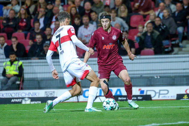 October 16, 2026, xsefx, Soccer, SC Fortuna Köln vs. VfB Stuttgart II, 3rd Division, South Division, Matchday 10, 2026–2027 Season: Bennit Bröger (Fortuna Cologne) No. 38 in a tackle with Lauri Penna (VfB Stuttgart II) No. 07. DFB regulations prohibit any use of photographs as image sequences and or quasi-video. North Rhine-Westphalia, Germany