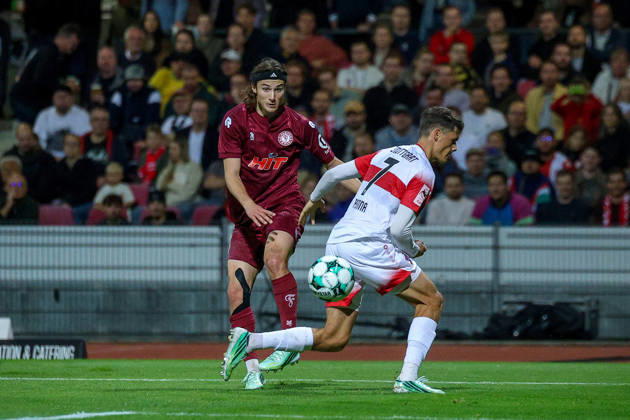 October 16, 2026, xsefx, Soccer, SC Fortuna Köln vs. VfB Stuttgart II, 3rd Division, South Division, Matchday 10, 2026–2027 Season, Bennit Bröger of Fortuna Köln, number 38, taking a shot on goal. DFB regulations prohibit any use of photographs as image sequences and or quasi-video. North Rhine-Westphalia, Germany
