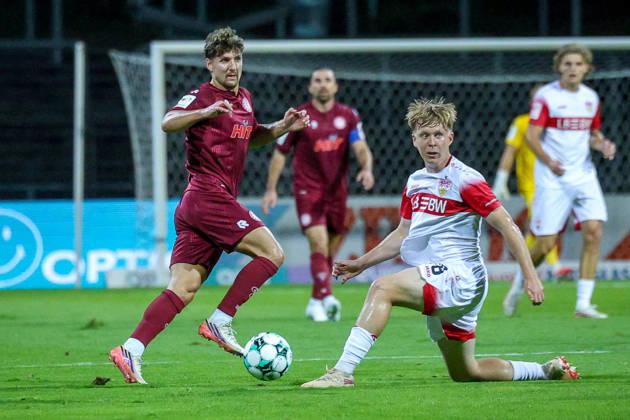 October 16, 2026, xsefx, Soccer, SC Fortuna Köln vs. VfB Stuttgart II, 3rd Division, South Division, Matchday 10, 2026–2027 Season: Enzo Wirtz (Fortuna Cologne 09) in a tackle with Yanik Spalt (VfB Stuttgart II 08). DFB regulations prohibit any use of photographs as image sequences and or quasi-video. North Rhine-Westphalia, Germany