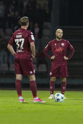 3rd Division, Fortuna Cologne vs. VfB Stuttgart U21, October 16, 2026: Adrian Stanilewicz (Fortuna Cologne, 20) and Jannik Mause (Fortuna Cologne, 37) look disappointed after conceding a goal. 3rd Division, Fortuna Cologne vs. VfB Stuttgart U21, Matchday 10, October 16, 2026, Südstadion, Cologne. DFB regulations prohibit any use of photographs as image sequences and or quasi-video. Copyright: xBEAUTIFULxSPORTS Meuselx