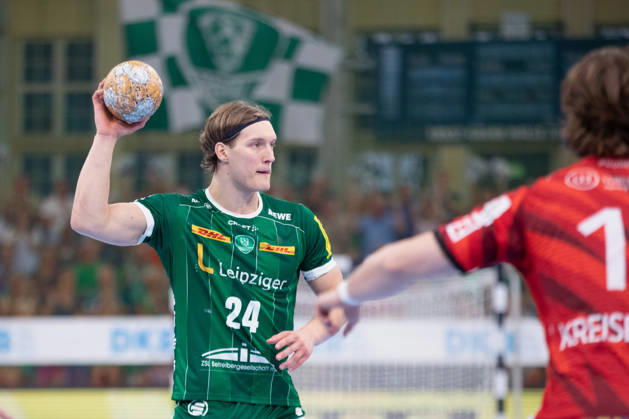 Handball, HBL2: SC DHfK Leipzig vs. ASV Hamm Westfalen, October 16, 2026; Blaer Hinriksson 24, SC DHfK Leipzig; Handball, 2nd Bundesliga, 2026–2027 season, Matchday 8: SC DHfK Leipzig vs. ASV Hamm Westfalen on October 16, 2026, at the Quarterback Immobilien Arena Leipzig Copyright: xBEAUTIFULxSPORTS JanxKaeferx