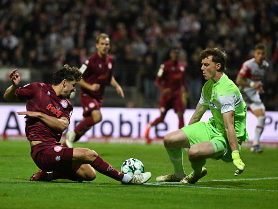 October 10, 2026, xophax, Soccer 3rd Division, Cologne, Fortuna Cologne vs. VFB Stuttgart II, Enzo Wirtz, SC Fortuna Cologne, Enzo Wirtz, SC Fortuna Cologne (left), and goalkeeper Jerik von der Felsen, VFB Stuttgart, Cologne