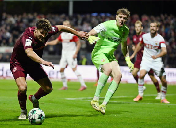 October 10, 2026, xophax, Soccer 3rd Division, Cologne, Fortuna Cologne vs. VFB Stuttgart II, Enzo Wirtz, SC Fortuna Cologne, Enzo Wirtz, SC Fortuna Cologne (left), and goalkeeper Jerik von der Felsen, VFB Stuttgart (right), Cologne