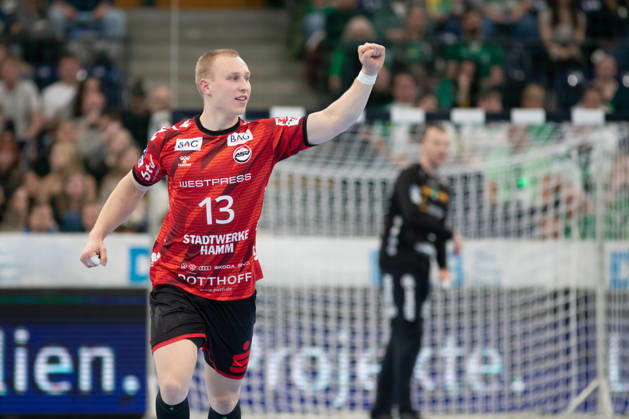 Handball, HBL2: SC DHfK Leipzig vs. ASV Hamm Westfalen, October 16, 2026; Ole Machner 13; ASV Hamm Westfalen celebrating a goal; Handball, 2nd Bundesliga, 2026–2027 season, Matchday 8: SC DHfK Leipzig vs. ASV Hamm Westfalen on October 16, 2026, at the Quarterback Immobilien Arena Leipzig Copyright: xBEAUTIFULxSPORTS JanxKaeferx
