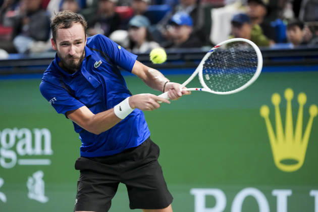 (261017) -- SHANGHAI, Oct. 17, 2026 -- Daniil Medvedev of Russia hits a return to Tommy Paul of the United States during the men s quarterfinal at the 2026 ATP, Tennis Herren tour Shanghai Masters tennis tournament in Shanghai, China, Oct. 16, 2026. ) (SP)CHINA-SHANGHAI-TENNIS-SHANGHAI MASTERS-MEN S SINGLES (CN) WangxXiang 