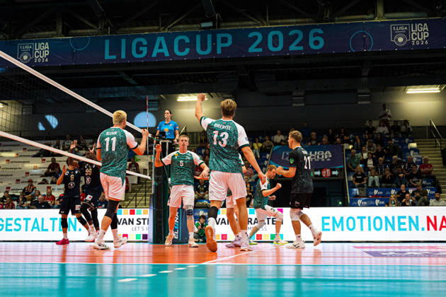 Volleyball I Men’s I 2026–2027 Season I 2026 League Cup I Quarterfinals I VfB Friedrichshafen vs. FT1844 Freiburg I October 16, 2026 Cheers, excitement, enthusiasm, euphoria, joy, happiness, and cheerfulness from Jannik Brentel (No. 13), FT1844 Freiburg, and the team Copyright: xLobeca Bjorn-OlexKehmx