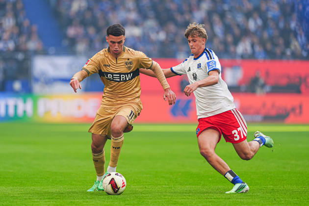 Bilal El Khannouss, VfB Stuttgart, 11; Louis Lemke, Hamburger SV, 37 (GER); Hamburger SV vs. VfB Stuttgart, soccer, Bundesliga 1, Matchday 6, 2026–2027 season, October 17, 2026 DFL regulations prohibit any use of photographs as image sequences and or quasi-video GER, Hamburger SV vs. VfB Stuttgart, soccer, 1st Bundesliga, Matchday 6, 2026–2027 season, October 17, 2026, Hamburg Copyright: xEibner-Pressefoto MarcelxvonxFehrnx EP_MFN