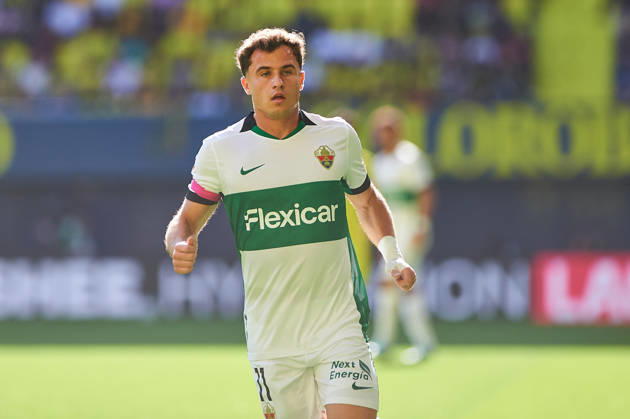 German Valera of Elche CF during the LaLiga EA Sports match between Villarreal CF and Elche CF at Estadio de la Cerámica on October 17, 2026, in Villarreal, Spain