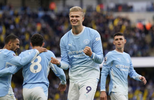 Manchester, England, 17th October 2026. Erling Haaland of Manchester City celebrates after scoring the second goal during the Manchester City vs Ipswich Town Premier League match at the Etihad Stadium, Manchester. Picture credit should read: Andrew Yates Sportimage EDITORIAL USE ONLY. No use with unauthorised audio, video, data, fixture lists, club league logos or live services. Online in-match use limited to 120 images, no video emulation. No use in betting, games or single club league player publications. SPI_017_AY_MAN_CITY_IPSWICH SPI-5076-0017