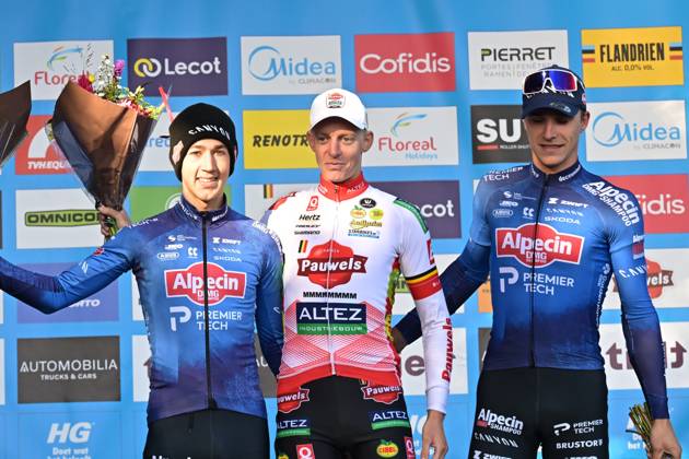 Belgian Jente Michels; Belgian Michael Vanthourenhout and Belgian Niels Vandeputte pictured on the podium after the men s elite race of the Berencross Meulebeke cyclocross cycling event, race 2 8 in the HG Cross competition, on Saturday 17 October 2026. DAVIDxPINTENS  x190090611x