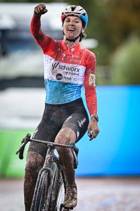 Luxembourgian Marie Schreiber of SD Worx-Protime celebrates as she crosses the finish line to win the women s elite race of the Berencross Meulebeke cyclocross cycling event, race 2 8 in the HG Cross competition, on Saturday 17 October 2026. DAVIDxPINTENS  x190096412x
