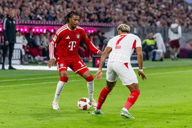 Battle for the Ball: Tackle between Michael Olise (FC Bayern Munich, 17) and Antonio Nusa (RB Leipzig, 07 GER), FC Bayern Munich vs. RB Leipzig, Soccer, Bundesliga, Matchday 6, 2026–2027 Season, October 17, 2026 DFL DFB regulations prohibit any use of photographs as image sequences and or quasi-video. Photo: HMB Media, Heike Feiner Copyright: HMBxMedia HeikexFeiner