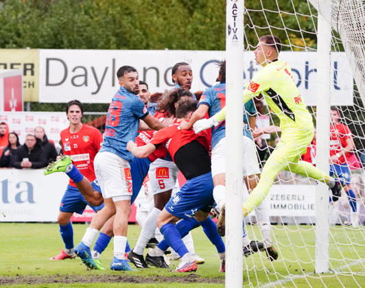 October 26, 2017, Cham, Switzerland; Men s Soccer, 2026–2027 Season, Swiss Cup, Round 2, SC Cham vs. FC Sion, 0–2; Photo: Scene in front of FC Sion goalkeeper Anthony Racioppi in action