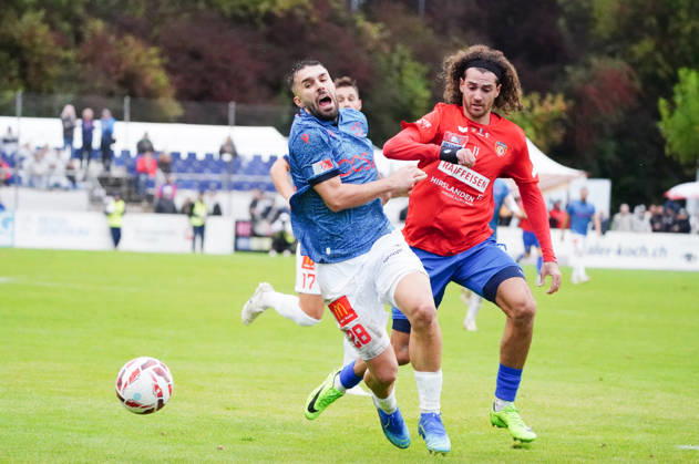 October 17, 2026, Cham, Switzerland; Men s Soccer, 2026–2027 Season, Swiss Cup, Round 2, SC Cham vs. FC Sion, 0–2; Photo: Hajrizi Kreshnik, FC Sion vs. Marin Wiskemann, SC Cham; Reaction to a tackle