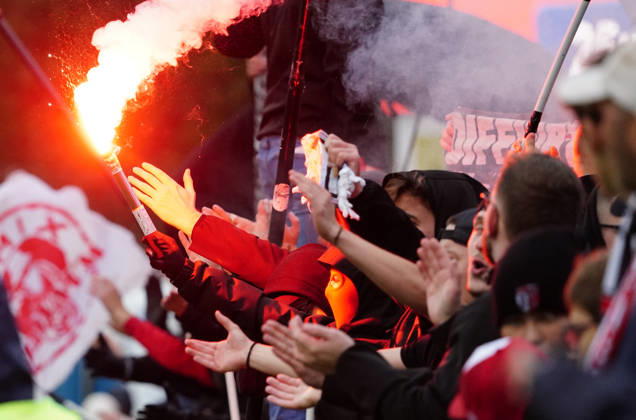 October 26, 2017, Cham, Switzerland, Men s Soccer, 2026–2027 Season, Swiss Cup, Round 2, SC Cham vs. FC Sion, 0–2. Photo: FC Sion away fans setting off pyrotechnics and Bengal flares. Fan culture.